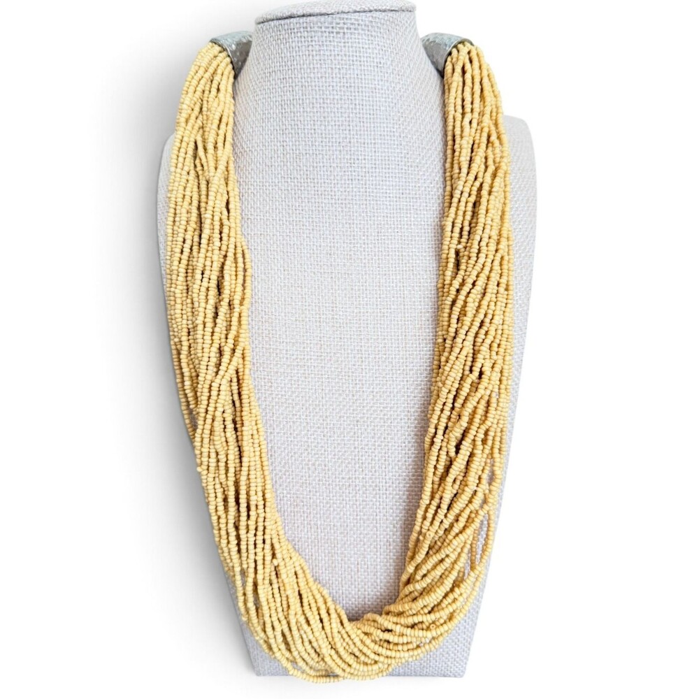 Multi Strand Seed Bead Statement Necklace Chunky Beige Tan Hammered Cones Descr
